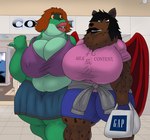 annoyed anthro big_breasts bottomwear breasts clothing duo female huge_breasts lips male male/female mall muscular muscular_female nipple_outline overweight overweight_female shopping_bag skirt thick_lips wide_hips wings alythewolfcat joan_vincent rachelle_(vdisco) alligator alligatorid bat crocodilian hybrid hyena leaf-nosed_bat mammal microbat reptile scalie spotted_hyena vampire_bat yangochiropteran hi_res