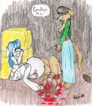 anthro aubrey_ferris blood blue_hair bodily_fluids breasts canid canine clothed clothing comic death dialogue duo felid feline female fur gore gun hair lion male mammal mia_(aubrey_ferris) pantherine ranged_weapon red_eyes simple_background snuff text weapon