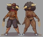 afro anthro areola areola_slip big_breasts big_horn bottomwear breasts brown_areola brown_body brown_clothing brown_fur brown_gloves brown_handwear brown_nipples cleavage clothed clothing cowboy_hat eyelashes female front_view fur genitals gloves grey_background grey_hair hair handwear hat headgear headwear holding_lasso holding_object hooves horn huge_breasts lasso looking_at_viewer navel nipple_piercing nipple_ring nipples nude orange_clothing orange_topwear pants piercing pube_peek pubes purple_bottomwear purple_clothing purple_pants pussy red_scarf ring_piercing scarf sheriff_badge simple_background solo tan_horn thick_thighs topwear wide_hips yellow_eyes silverqueen0 nintendo pokemon bouffalant generation_5_pokemon pokemon_(species)