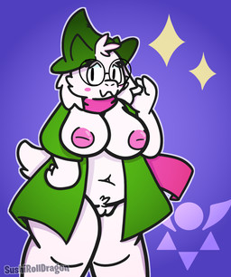 aged_up anthro big_breasts blush breasts clothing crossgender curvy_figure eyewear female fur genitals glasses hat headgear headwear mtf_crossgender nipples robe simple_background smile solo thick_thighs voluptuous vulva white_body white_fur sushirolldragon deltarune undertale_(series) ralsei bovid caprine darkner goat mammal 2018 digital_media_(artwork) hi_res