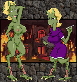anthro breasts clothing dress female genitals hair horn looking_at_viewer nude open_mouth smile solo standing vulva vylfgor the_simpsons demon_teacher_(the_simpsons) demon humanoid scalie hi_res
