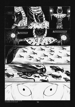 7_panel_comic ambiguous_gender anthro black_eyes black_speech_bubble clothed clothing duo exclamation_point eyebrows fingers fur motion_lines open_mouth page_number sharp_teeth sound_effects teeth text white_sclera white_text leprzil arthropod crocodilian grasshopper insect mummy orthopterid reptile scalie undead 2026 comic english_text hi_res monochrome