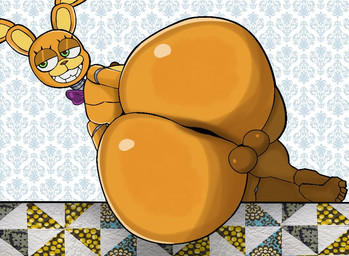5_toes anthro anus backsack balls big_butt bow_tie bow_tie_only buckteeth butt eyelashes feet fur genitals green_eyes half-closed_eyes long_ears looking_back machine male mostly_nude narrowed_eyes purple_bow_tie rear_view side_view smile solo teeth toes yellow_body yellow_fur furu_flami five_nights_at_freddy's scottgames spring_bonnie_(fnaf) animatronic lagomorph leporid mammal rabbit robot 2025 digital_drawing_(artwork) digital_media_(artwork) english_description