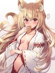 asian_clothing blonde_hair blush breasts clothed clothing east_asian_clothing eating female hair haori japanese_clothing open_clothing open_topwear red_eyes simple_background small_breasts solo topwear white_background sakura_ani animal_humanoid canid canid_humanoid canine canine_humanoid fox_humanoid humanoid mammal mammal_humanoid 2021 hi_res