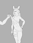 ambiguous_gender angry anthro assisted_exposure clothing clothing_pull dress dress_pull femboy genitals legwear male offscreen_ambiguous offscreen_character penis small_penis solo stockings torn_clothing torn_dress wardrobe_malfunction luminared lagomorph leporid mammal rabbit absurd_res hi_res monochrome gynomorph_(lore) trans_(lore) trans_woman_(lore)