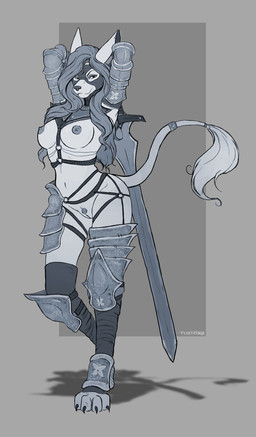 anthro armor breasts clothing female fur genitals greatsword hair legwear long_hair looking_at_viewer mask medium_breasts melee_weapon nipples paws pose pubes shadow simple_background solo standing stockings sword unconvincing_armor vulva weapon white_body white_fur fleet-foot canid canine canis jackal mammal absurd_res hi_res