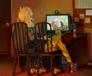 2_horns age_difference anthro barefoot beverage_can bottomwear camera chair clothing computer desk detailed_background electronics eyewear fangs feet female floppy_ears fur furniture glasses group hand_behind_head horn inside laugh looking_down male mature_female night older_female pajamas pants screen sitting sweater table teeth topwear video_call webcam white_body white_fur white_horn younger_male ruwa deltarune undertale undertale_(series) asriel_dreemurr kris_dreemurr toriel boss_monster_(undertale) bovid caprine goat human mammal hi_res mother_(lore) mother_and_child_(lore) parent_(lore) parent_and_child_(lore)