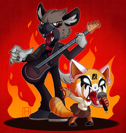 alternative_fashion anthro bass_guitar clothed clothing duo electronics eyelashes female fire fur guitar male microphone music musical_instrument open_clothing open_shirt open_topwear playing plucked_string_instrument punk screaming shirt string_instrument text topwear hikariviny aggretsuko sanrio haida_(aggretsuko) retsuko ailurid hyena mammal red_panda spotted_hyena 2018 japanese_text translated