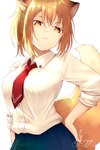 annoyed blonde_hair bottomwear clothing female hair looking_at_viewer necktie red_necktie shirt simple_background skirt solo topwear white_background chita_(ketchup) animal_humanoid canid canid_humanoid canine canine_humanoid fox_humanoid humanoid mammal mammal_humanoid 2021 hi_res