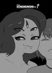 5_eyes anthro black_background bodily_fluids dialogue duo ellipsis fangs female hair looking_at_another male mature_female multi_eye seductive simple_background smile smug sweat teeth haaru undertale undertale_(series) fan_character frisk_(undertale) milffet muffet arachnid arthropod human mammal spider 2019 digital_drawing_(artwork) digital_media_(artwork) monochrome