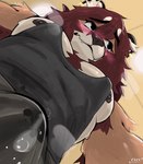 anthro areola blush bodily_fluids clothed clothing erection erection_under_clothing fur genital_fluids looking_away low-angle_view male mane muscular muscular_anthro muscular_male nipples shy solo tan_body tan_fur hornyyawnss pec_pov_meme ashe_(hornyyawnss) felid lion mammal pantherine hi_res meme