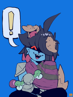 alternate_species anthro anthrofied armor biped black_hair blue_background blue_body blue_fur bone brown_body brown_fur button_ears clothing exclamation_point floppy_ears fur gauntlets gloves hair handwear holding_bone holding_object male male_anthro monotone_background moss open_mouth open_smile pauldron plant simple_background smile solo flarinthk deltarune undertale_(series) kris_(deltarune) canid canine canis domestic_dog mammal 2025 3:4 absurd_res digital_media_(artwork) hi_res