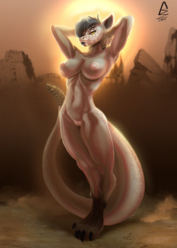 anthro breasts brown_body brown_fur brown_hair brown_scales female fur genitals grey_eyes hair hands_behind_head heterochromia looking_at_viewer nude rattle_(anatomy) scales short_hair smile smiling_at_viewer solo vulva yellow_eyes bokazhoka fallout microsoft sanya_(wuzy2121) canid canine canis coyote hybrid mammal night_stalker_(fallout) pit_viper rattlesnake reptile scalie snake viper hi_res