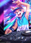 5_fingers anthro band-aid bandage clothing disc_jockey electronics fingers headphones hoodie kemono male open_mouth rave solo text topwear turntable_(decks) vest wristband tarobandit canid canine mammal 2021 absurd_res hi_res url