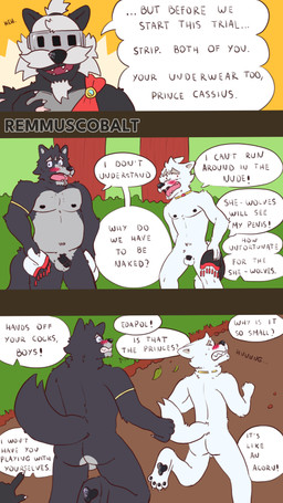 anthro balls black_nose butt circumcised dialogue embarrassed embarrassing_nudity exhibitionism eyebrows femboy flaccid genitals glans group humiliation male male/male micropenis nipples nude outside penis penis_humiliation public small_penis small_penis_humiliation streaking tail text remmus_cobalt adastra adastra_(series) echo_project amicus_(adastra) cassius_(adastra) cato_(adastra) bear canid canine canis mammal wolf 4k 9:16 absurd_res comic english_text hi_res