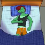 1:1 alligator alligatorid anthro bed boxer_briefs bulge clothed clothing crocodilian diego_abel furniture fuze hi_res male orange_clothing orange_underwear pillow reptile scalie shirt sleeping solo tank_top texnatsu topwear underwear