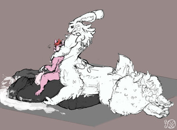 animal_genitalia animal_penis anthro ball_tuft balls big_balls big_penis black_penis bodily_fluids canine_genitalia canine_penis chest_tuft countershade_balls countershade_genitalia countershading duo erection fluffy foreskin fur genital_fluids genitals hair hand_holding hand_on_shoulder horn huge_balls huge_penis humanoid_genitalia humanoid_penis hybrid_genitalia hybrid_penis hyper hyper_balls hyper_genitalia hyper_penis knot knotted_penis looking_back lying male male/male medial_ring medial_ringed_humanoid_penis medial_ringed_hybrid_penis muscular neck_tuft no_pawpads penis penis_sitting penis_size_difference penis_squeeze pink_body pink_fur precum red_hair scut_tail short_tail simple_background size_difference smile sploot spots tail tuft vein veiny_penis quotethequiet quote_(quotethequiet) sion_allona canid canine canis domestic_dog hare hare_taur husky hybrid lagomorph lagomorph_taur leporid leporid_taur mammal mammal_taur nordic_sled_dog spitz taur 2025 digital_drawing_(artwork) digital_media_(artwork) flat_colors signature sketch