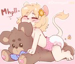 ambiguous_gender anthro blonde_hair blue_bow blush bodily_fluids bottomwear brown_text chastity_device chastity_diaper clothing diaper diaper_humping eyes_closed fur hair heart_symbol humping humping_plushie outline pink_background pink_diaper pink_ears plushie plushophilia simple_background solo star tail tan_body tan_fur teddy_bear text underwear unusual_chastity vocalization vowelless vowelless_vocalization white_outline white_text young young_ambiguous young_anthro dreamyart mammal mouse murid murine rodent 2021