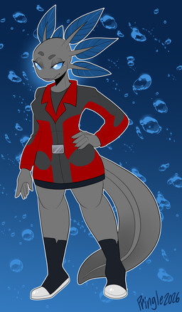 anthro big_tail blue_eyes clothing female frill_(anatomy) grey_body hand_on_hip jacket solo tail topwear pringle2026 space_station_13 sarla-muz amphibian aquatic axolotl mole_salamander salamander absurd_res hi_res