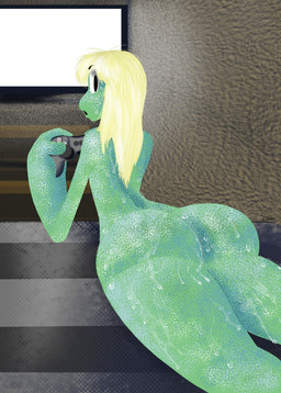 anthro bedroom big_butt blonde_hair bodily_fluids butt clothing female flat_chested gaming green_body green_skin hair looking_at_viewer lying nude solo sweat text salcamanj_(artist) froppei_(salcamanj) amphibian frog absurd_res english_text hi_res