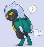 2024 2024_pokemon_gigaleak 4chan_anon anonymous_artist anthro arthropod beetle beta_design beta_pokemon_(species) beta_pokemon_games biped black_body black_exoskeleton blush colored countershade_exoskeleton countershading digital_drawing_(artwork) digital_media_(artwork) disembodied_hand exoskeleton featureless_crotch female green_body green_exoskeleton hair insect kaburion_(beta_pokemon) looking_back nintendo pokemon question_mark semi-anthro shaded snaggle_tooth solo speech_bubble spikes spikes_(anatomy) spoken_question_mark standing white_hair yellow_body yellow_countershading yellow_exoskeleton yellow_sclera