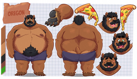 anthro beard belly big_belly blush brown_body brown_fur butt clothing eyes_closed facial_hair feet food fur male mustache overweight overweight_male pizza pizza_slice solo tongue tongue_out underwear 06betos11 bear mammal 2026 hi_res model_sheet