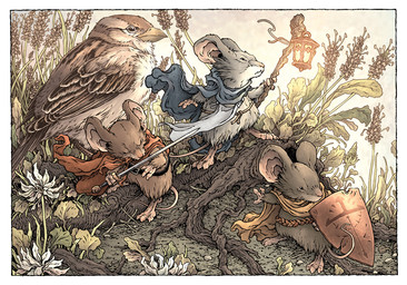ambiguous_gender anthro beak blue_cape blue_clothing brown_body brown_feathers brown_fur cape clothing feathers feral flower fur grey_body grey_fur group holding_lamp holding_melee_weapon holding_object holding_shield holding_staff holding_sword holding_weapon looking_aside male melee_weapon orange_cape orange_clothing outside plant red_cape red_clothing shield staff standing sword tail weapon david_petersen mouse_guard kenzie_(mouse_guard) rand_(mouse_guard) saxon_(mouse_guard) avian bird mammal mouse murid murine rodent official_art