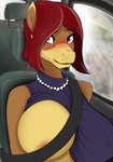 anthro areola areola_slip big_breasts bite biting_lip biting_own_lip breasts brown_body car clothed clothing ear_piercing female front_view gem hair inside_car inside_vehicle jewelry looking_at_viewer necklace one_breast_out partially_clothed pearl_(gem) pearl_necklace piercing public red_hair seatbelt self_bite solo vehicle biobrony sophie_(biobrony) equid equine horse mammal 2019 half-length_portrait hi_res portrait