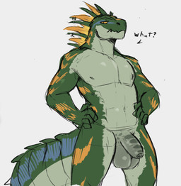 anthro arm_markings balls big_balls blue_tail darkened_balls darkened_genitalia darkened_penis flaccid foreskin front_view genitals green_balls green_body green_penis grey_tail hands_on_hips humanoid_genitalia humanoid_penis leg_markings male male_anthro markings mouth_closed narrowed_eyes no_sclera nude orange_eyes orange_markings penis simple_background solo standing tail text unretracted_foreskin white_background jezzlen lizard reptile scalie english_text portrait three-quarter_portrait