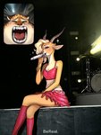 2024 3:4 antelope anthro benjamin_clawhauser bereal biped blonde_hair blush bottomwear bovid breasts cheetah cleavage clothed clothing crossed_legs disney duo electronics english_text eyes_closed fan_screaming_at_madison_beer_performance felid feline female fur gazelle gazelle_(zootopia) hair halter_top hi_res holding_microphone holding_object horn male mammal meme microphone midriff multicolored_hair navel open_mouth sitting skirt small_breasts solo_focus spuydjeks text two_tone_hair zootopia