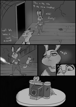 anthro camera clothed clothing dark dialogue doorway duo female furniture long_ears male police police_uniform sigh table text uniform zalgo_(artist) disney zootopia judy_hopps nick_wilde canid canine fox lagomorph leporid mammal rabbit red_fox true_fox 2016 comic english_text greyscale hi_res monochrome