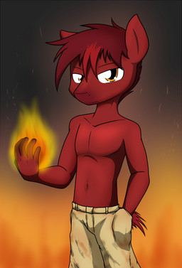 adolescent anthro big_eyes bottomwear clothed clothing detailed_background elemental_manipulation featureless_chest fingers fire fire_manipulation freckles fur hair hand_in_pocket looking_at_viewer male male_anthro navel orange_eyes pants pockets red_body red_fur red_hair solo standing topless topless_anthro topless_male young young_anthro young_male sandwich-anomaly charred_remnant_(navelcolt) equid equine horse mammal pony 2015 digital_media_(artwork)