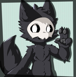 4_fingers anthro arm_tuft black_body black_fur black_pawpads bone bone_mask chest_tuft claws elbow_tuft facial_tuft finger_claws fingers fur gesture glistening glistening_eyes hand_gesture looking_at_viewer mask open_mouth pawpads simple_background skull skull_mask solo tail tuft v_sign young gaogomon changed_(video_game) puro_(changed) canid canine canis mammal wolf 2022 absurd_res halftone hi_res