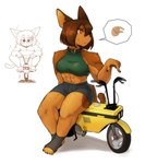 abs anthro brown_body brown_fur brown_hair female fur hair moped motor_scooter motor_vehicle motorcycle multicolored_body multicolored_fur muscular muscular_anthro muscular_female solo two_tone_body two_tone_fur vehicle conditional_dnp sonokido dog_knight_rpg honda honda_motocompo rory_(ceehaz) canid canine canis dobermann domestic_dog mammal pinscher 2023 hi_res