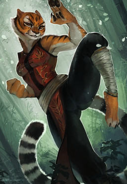 3_toes 4_fingers anthro barefoot black_stripes brown_eyes claws day detailed_background feet female fingers forest fur orange_body orange_fur outside plant solo striped_body striped_fur stripes toes tree juliathedragoncat dreamworks kung_fu_panda master_tigress felid mammal pantherine tiger 2020 digital_media_(artwork) hi_res