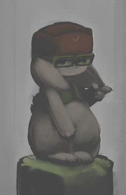 3_toes 4_fingers black_eyes black_lips black_nose black_tail bodily_fluids bottomless clothed clothing crying empty_eyes eyewear featureless_crotch feet fingers floppy_ears frown fur gesture glasses grass green_clothing green_topwear hand_gesture hand_on_leg hat headgear headwear kemono lips male plant pointing short_tail solo standing tail tears toes topwear vest white_body white_ears white_fur hasukii cave_story jack_(cave_story) lagomorph leporid mammal mimiga rabbit