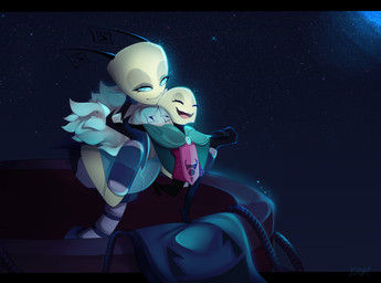 blue_cape blue_clothing blue_eyes cape clothing cosmic_background duo female green_body green_skin hand_holding happy holding_up_other_character size_difference sky slim smaller_female star starry_background starry_sky tender tenderness white_fluff yzomiris invader_zim nickelodeon almighty_tallest_miyuki invader_tenn alien humanoid irken absurd_res hi_res