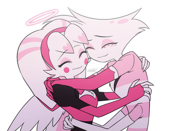 4_arms bodily_fluids clothed clothing crying duo eyes_closed female halo hug multi_arm multi_limb simple_background tears tears_of_joy white_background enaic31 hazbin_hotel hellaverse angel_dust molly_(hazbin_hotel) angel arachnid arthropod demon humanoid spider hi_res brother_(lore) brother_and_sister_(lore) sibling_(lore) sister_(lore)