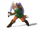 5_fingers anthro belt black_nose boots brown_clothing brown_footwear clothed clothing dipstick_tail fingers footwear fur green_clothing green_topwear hair holding_melee_weapon holding_object holding_sword holding_weapon inner_ear_fluff looking_aside male markings melee_weapon mohawk multicolored_tail orange_body orange_fur shield shirt shoes short_hair simple_background solo sword tail tail_markings topwear tuft tunic weapon white_background white_body white_fur white_hair cirruskitfox nintendo star_fox the_legend_of_zelda fox_mccloud link canid canine fox mammal crossover full-length_portrait portrait