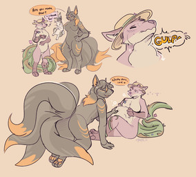 9_tails abdominal_bulge anthro anthro_pred assisted_vore belly big_belly big_breasts blush breasts clothing dialogue digestion digestion_noises duo encouragement female female/female female_pred feral feral_prey fully_inside fur hat headgear headwear held_by_ears larger_pred multi_tail nervous onomatopoeia oral_vore pred_focus rabbit_ears rumbling_stomach simple_background size_difference sound_effects tail text vore makar-ro fayanna canid canine fox lagomorph leporid mammal rabbit absurd_res hi_res