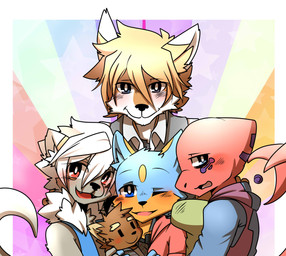 age_difference anthro black_nose blonde_hair blue_body blue_eyes blue_fur blush border brown_body brown_fur cheek_tuft clothed clothing cute_fangs dipstick_ears doll ear_markings eye_through_hair eyebrow_through_hair eyebrows facial_tuft fangs fin fur fur_markings grey_body grey_fur group hair holding_object hoodie inner_ear_fluff jacket looking_at_viewer male markings multicolored_body multicolored_ears multicolored_fur multicolored_skin older_male one_eye_closed open_mouth open_smile pattern_background pink_body pink_eyes pink_skin plushie purple_body purple_skin shirt simple_background sleeveless_clothing smile tan_body tan_fur teeth topwear translucent translucent_hair tuft two_tone_body two_tone_fur two_tone_skin vertical_bar_eyes white_body white_border white_fur white_hair young young_anthro young_male younger_male saku1saya hachikai_(saku1saya) kita_(saku1saya) seiya_(saku1saya) windows_(saku1saya) aquatic canid canine canis domestic_dog fish mammal 2015 hi_res