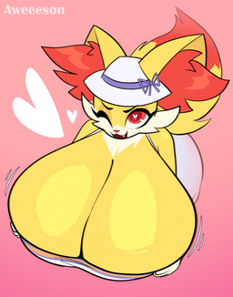 anthro big_breasts breasts cleavage clothed clothed_anthro clothed_female clothing dipstick_tail eyebrows eyelashes fangs female female_anthro fur hat headgear headwear heart_pupils heart_symbol huge_breasts hyper hyper_breasts inner_ear_fluff markings open_mouth simple_background solo tail tail_markings teeth tuft white_clothing white_hat white_headwear yellow_body yellow_fur aweeeson nintendo pokemon niki_(dofunut) fennekin generation_6_pokemon pokemon_(species) hi_res