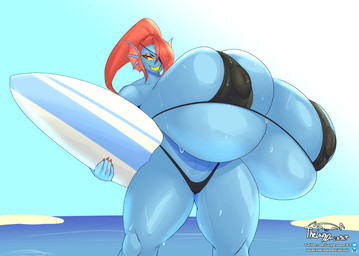big_breasts bikini blue_body blue_skin breasts clothing colored_nails eye_patch eyebrows eyewear female fin fingernails hair head_fin holding_object holding_surfboard huge_breasts hyper hyper_breasts nails nipple_outline red_eyes red_fingernails red_hair red_nails sharp_teeth solo surfboard swimwear teeth thick_thighs two-piece_swimsuit yellow_sclera yellow_teeth thelazydreamer undertale_(series) undyne animal_humanoid aquatic aquatic_humanoid fish fish_humanoid humanoid 2026 hi_res