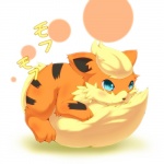 ambiguous_gender blonde_hair blue_eyes blush daww fur hair kemono open_mouth orange_body orange_fur simple_background smile solo tail text okunawa nintendo pokemon generation_1_pokemon growlithe mammal pokemon_(species) 1:1 japanese_text translation_request