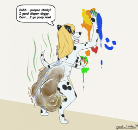 bodily_fluids breasts clothing dialogue diaper feces female genital_fluids medium_breasts scatplay soiled_diaper soiling solo speech_bubble stink_fumes stink_lines text unclean_diaper urine used_diaper watersports wet_diaper wetting smallcircles canid canine canis dalmatian domestic_dog mammal 2019 character_request digital_media_(artwork) english_text hi_res
