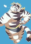 anthro blue_background blue_eyes blush butt clothing fur kemono male overweight overweight_anthro overweight_male simple_background solo swimwear white_body white_fur ayame42612 lifewonders tokyo_afterschool_summoners licho_(tas) felid mammal pantherine tiger 2020 hi_res