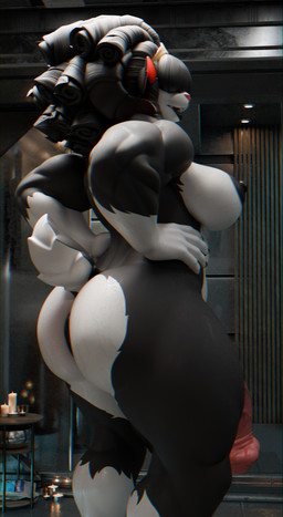 ambiguous_fluids anthro anus areola bathroom big_breasts big_butt black_anus black_areola black_hair black_lips black_nipples breasts butt dark_hair genitals glistening glistening_body glistening_genitalia glistening_penis goat_tail grey_body gynomorph hair hair_over_eyes hand_on_torso humanoid_hands intersex lips muscular muscular_anthro muscular_gynomorph muscular_intersex nipples nude_anthro nude_gynomorph open_mouth penis side_view solo standing thick_thighs white_body white_breasts tonyturbo leodamodeler_(modeler) vivian_(leodamodeler) bovid caprine goat mammal 3d_(artwork) absurd_res chromatic_aberration digital_media_(artwork) hi_res