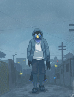 3_toes 5_fingers anthro avian_feet beak belt black_body black_clothing black_feathers black_footwear black_sandals blue_body blue_feathers bottomwear building clothed clothing detailed_background dipstick_tail eyes_closed facial_markings feathers feet fingers footwear grey_bottomwear grey_clothing grey_hoodie grey_shorts grey_topwear head_markings head_tuft hoodie light male markings open_clothing open_hoodie open_topwear power_lines purple_body purple_feathers raining raised_clothing raised_hoodie raised_topwear sandals shirt shoes shorts solo tail tail_feathers tail_markings talons toes topwear tuft white_body white_clothing white_feathers white_shirt white_topwear winged_arms wings yellow_beak jayheartwing jay_(sammfeatblueheart) avian bird trogon trogonid 2019 hi_res lighting shaded signature