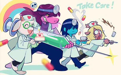 2_horns ambiguous_gender ambiguous_human anthro beverage blonde_hair cake clothed clothed_ambiguous clothed_anthro clothed_female clothed_male clothing coffee costume depth_of_field dessert doctor drugs eyewear female female_anthro food fur glasses group hair head_horn head_mirror heart_symbol horn male male_anthro medical_instrument nurse nurse_clothing pills purple_body round_glasses scientific_instrument syringe text tripping wearing_glasses white_body white_fur haktober deltarune undertale_(series) kris_dreemurr noelle_holiday ralsei susie_(deltarune) bovid caprine darkner deer goat human mammal new_world_deer reindeer scalie 2021 digital_media_(artwork) english_text