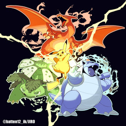 ambiguous_gender anthro blue_body blue_eyes claws electricity fangs featureless_crotch feral fur green_body green_eyes group horn looking_at_viewer male membrane_(anatomy) membranous_wings open_mouth orange_body orange_eyes tail teeth tongue wings yellow_body yellow_fur batten12 nintendo pokemon blastoise charizard generation_1_pokemon pikachu pokemon_(species) venusaur 1:1 2026 hi_res signature
